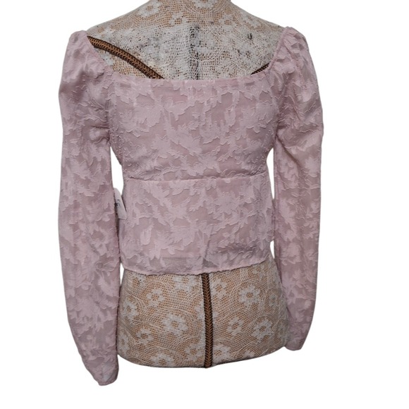 Altar'd State Pale Pink Lace Square Neck Puff Sleeve Tie Front Cropped Blouse S - Picture 3 of 7